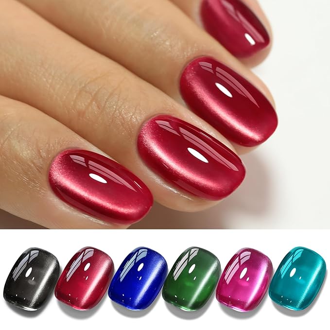 Double Rhythm Cat Eye Gel Polish Set 6 Colors Shimmer Glitter with Magnet Holographic Reflective Magnetic UV Gel Polish Art Kit (Black Burgundy Green Navy 6-Kit 41)