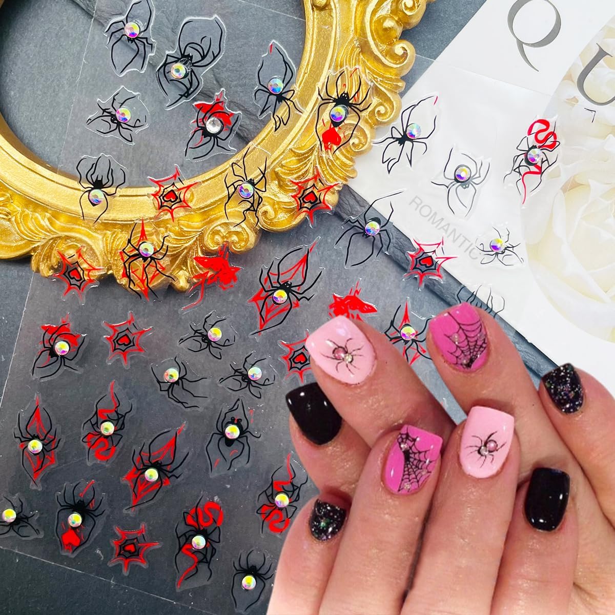 2 Sheets Halloween Nail Stickers Self Adhesive Spider Web Nail Art Stickers 5D Spider Rhinestones Nail Decals Gothic Halloween Nails Design DIY Holiday Manicure Supplies for Women Nails Accessories