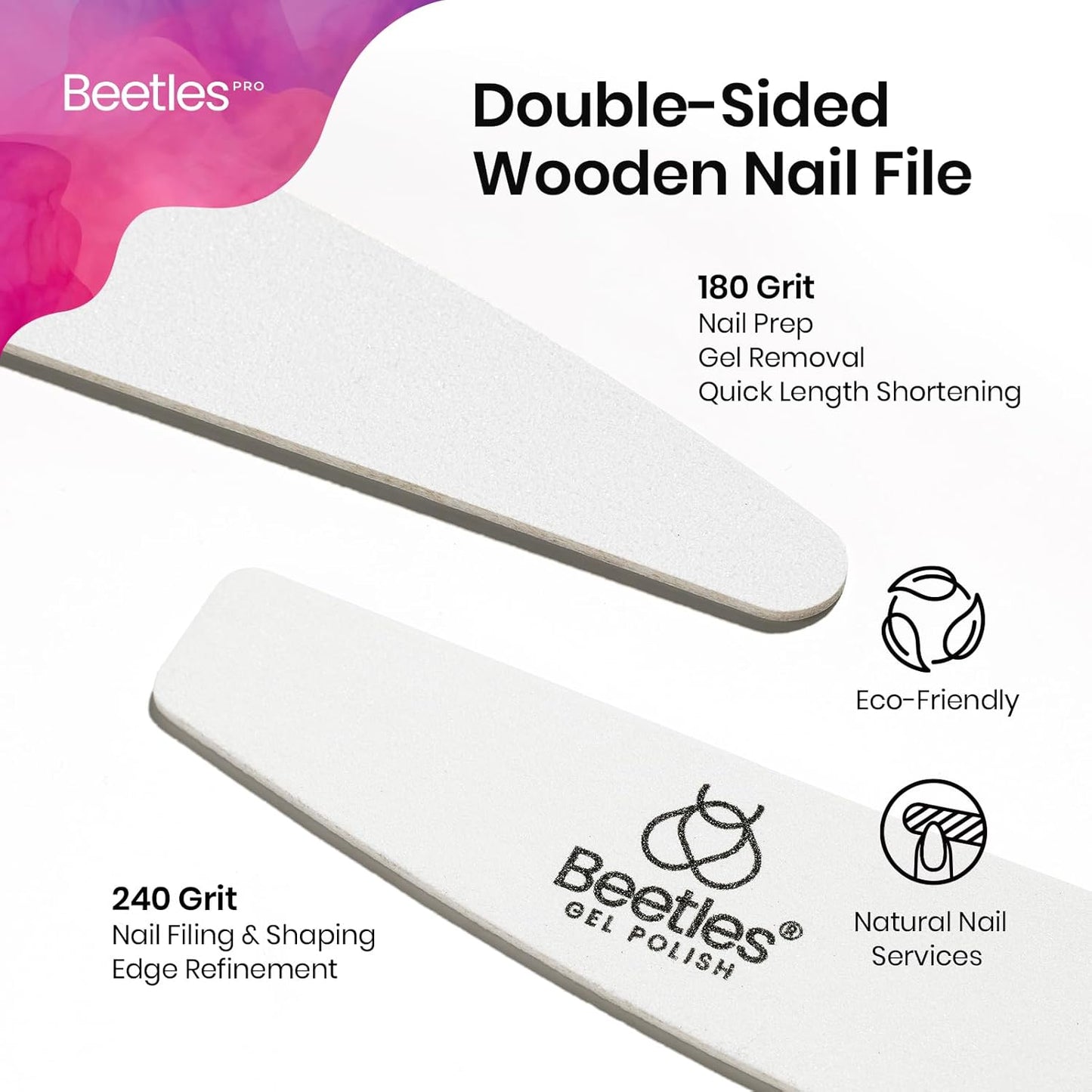 Beetles Pro 10-Pcs Nail File – Professional 180/240 Grit Washable Natural Nail File Double Sided Wood Board Nails Files for Acrylic, Gel & Natural Nails – Salon Quality Manicure Tool