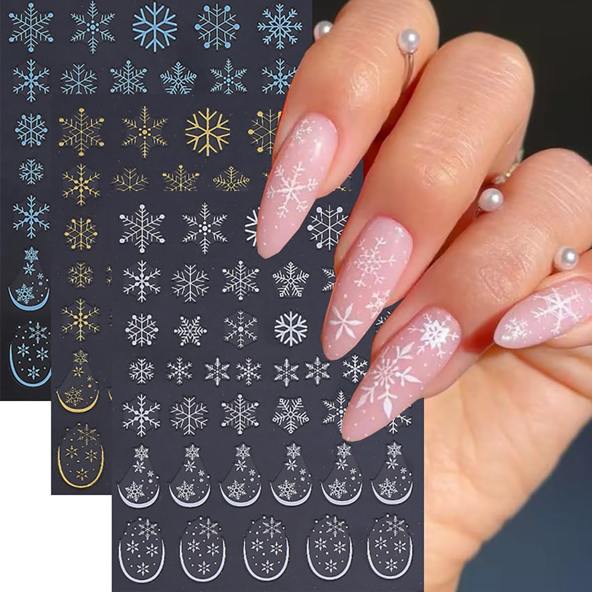 Christmas Nail Art Stickers 6 Pcs Snowflake Nail Stickers 3D Self-Adhesive Winter Nails Decals Blue Gold White Snowflake Nails Designs Stickers Holiday Nails Supplies for Women Xmas DIY Manicure Decor