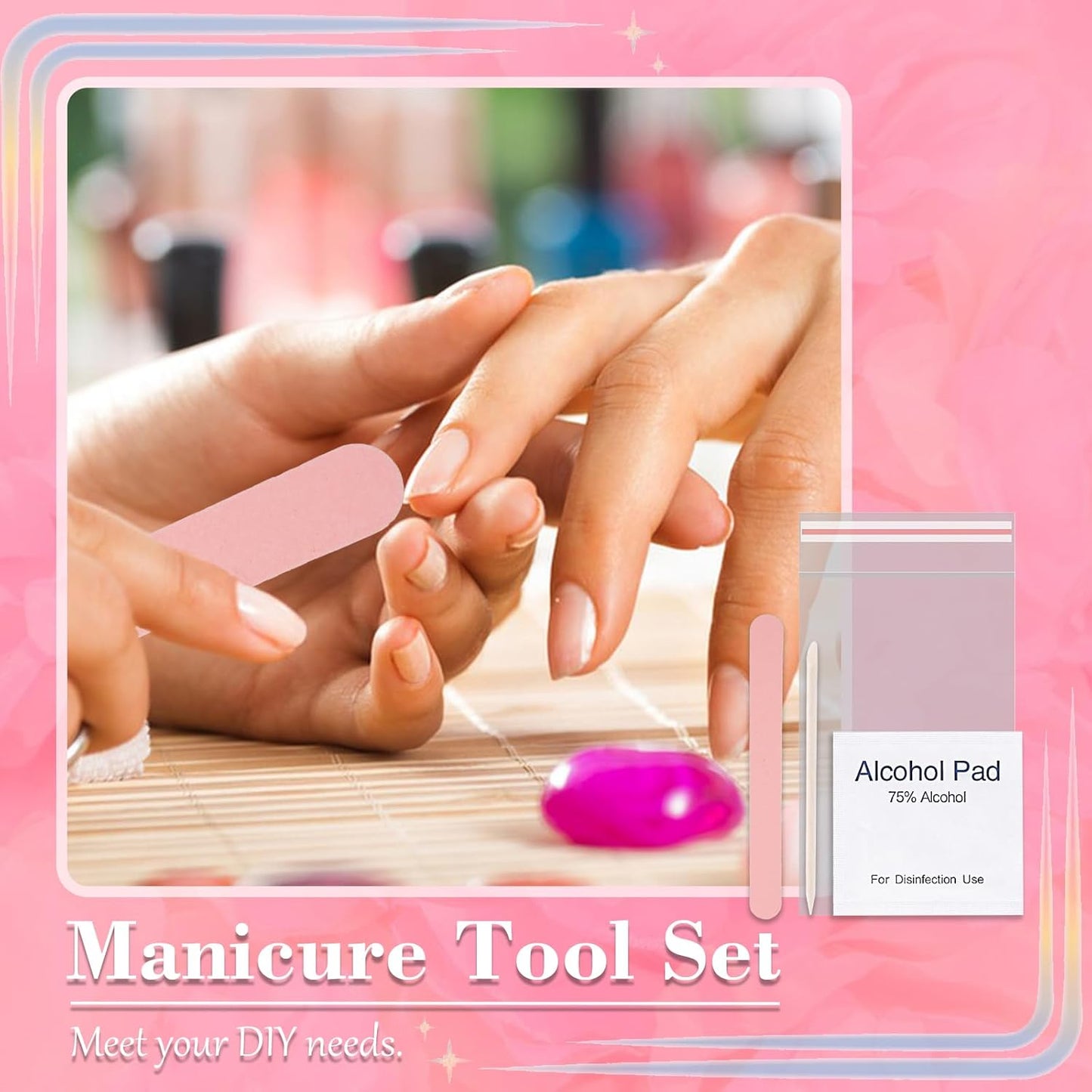 50 Set Disposable Press on Nail Tool Kit, including 50pcs Nail File, 50pcs Prep Pad, 50pcs Wood Stick, 50pcs OPP Bag, Manicure Nail Prep Kit for Salon Home (50pcs-A-pink)