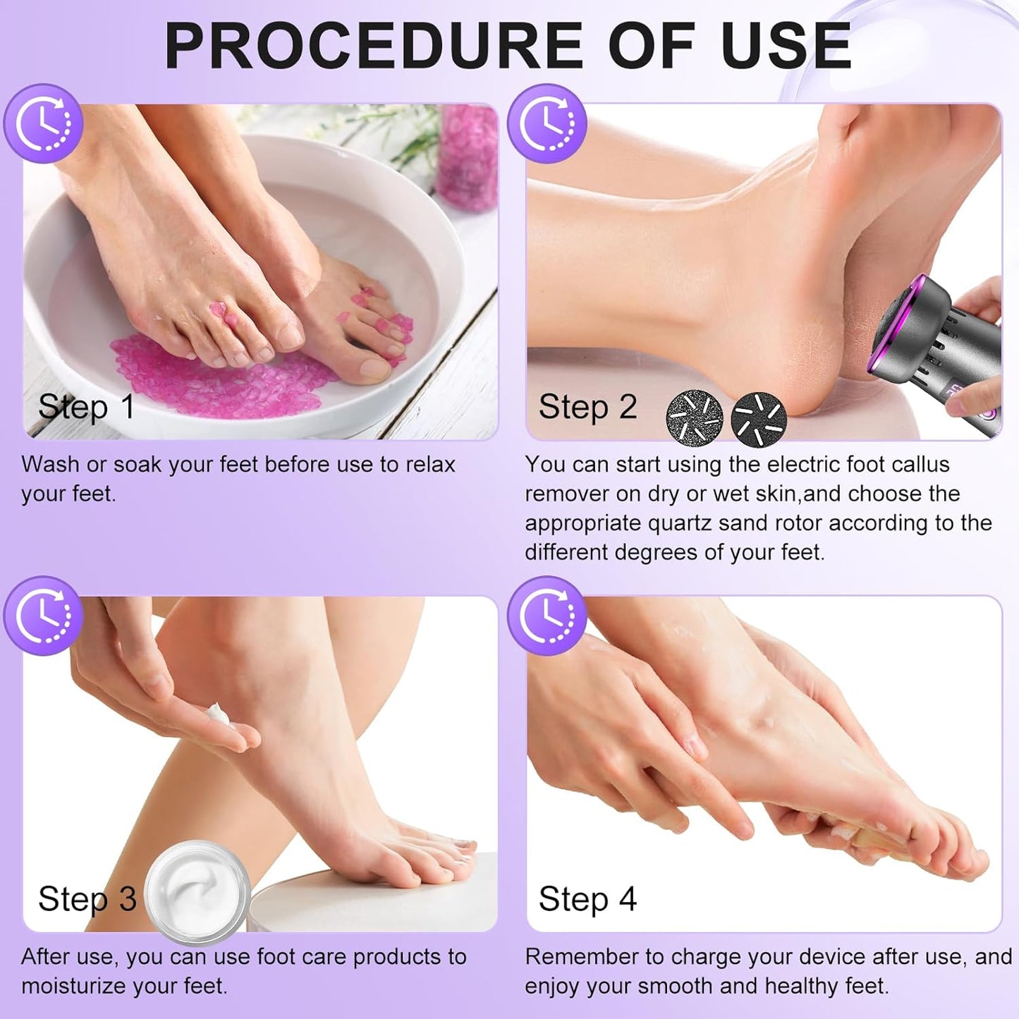 2025 Electric Foot Callus Remover, Rechargeable Pedicure Tool, Stainless Steel Heads for Dry Heels (Gray Purple)