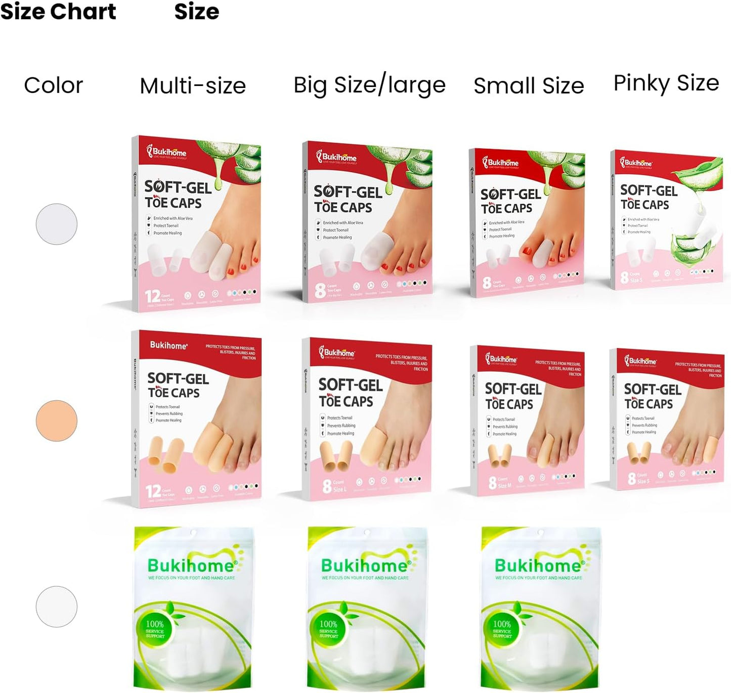 Bukihome Gel Big Toe Caps and Protectors - 8 Pack Silicone Toe Protectors with Aloe Vera Extract - Toe Sleeves Cushions for Women & Men - Protect Corns, Blister - Large