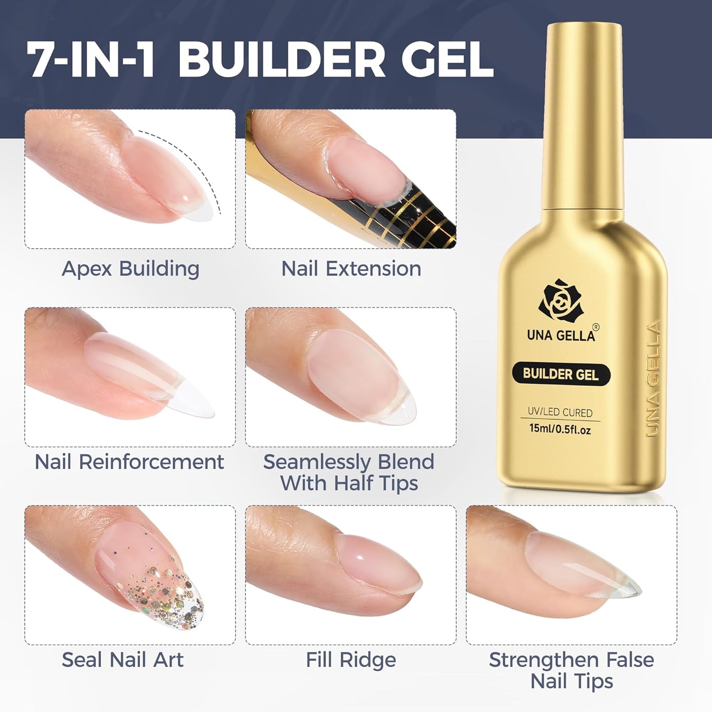 UNA GELLA Builder Gel For Nails, 7 In 1 Clear Hard nail Strengthener Builder Gel For Apex Building/Nail Extension, Led Lamp Needed