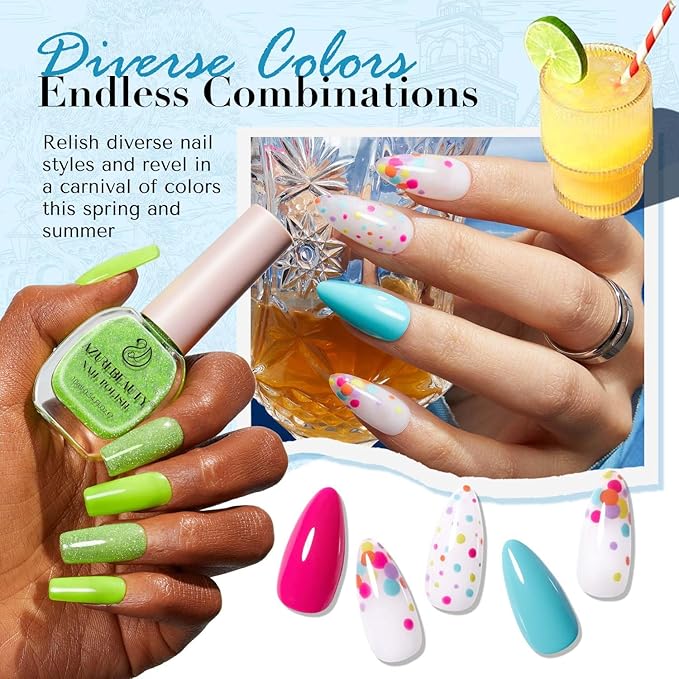 AZUREBEAUTY Summer 8 Colors Hot Pink Neon Blue Green Glitter Purple Yellow Orange Nail Polish Set Quick Dry, Perfect for Women Manicure Nail Art DIY Salon