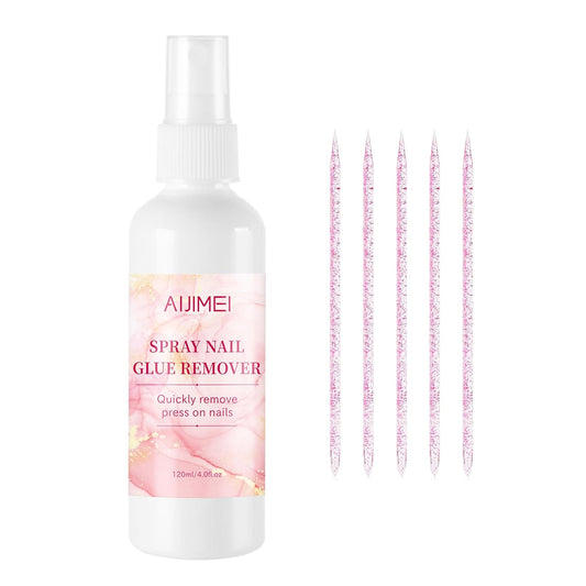 AIJIMEI Spray Nail Glue Remover Kit 4fl.oz NailGlue Remover for Press onNails with 5pcs Nail Crystal Rods for Quickly Remove NailGlue Gel Remover(120ML)