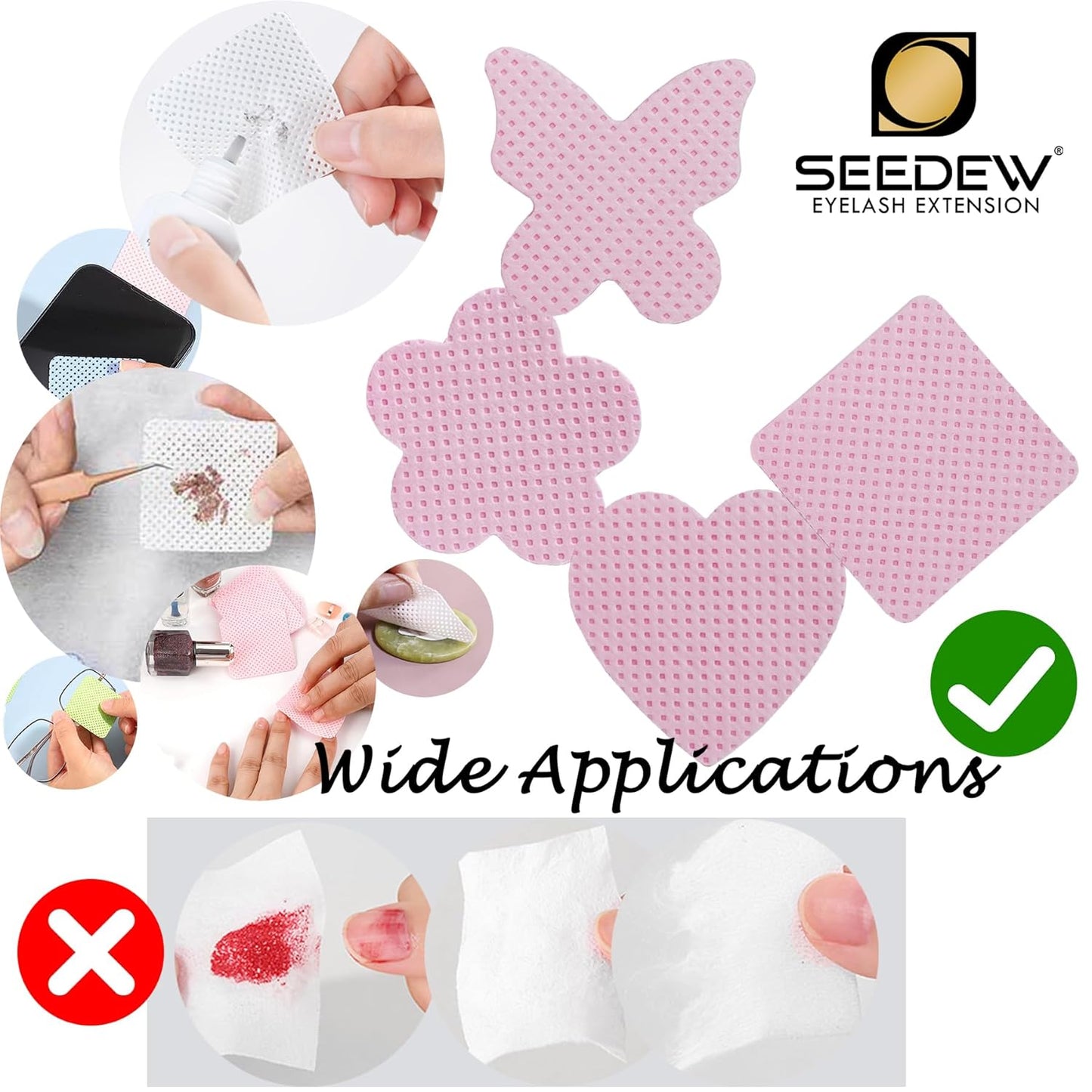 200 Pieces Pink Lash Glue Wipes, Nail Wipes, Heart Shape Lint Free Magic Wiper Cloth, Lash Extension Supplies (1 Box) (Simple Packaging)-(Pink Heart Shape)
