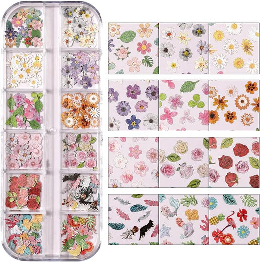 300Pcs 3D Flower Nail Art Charms Sequins Mixed Colorful Nail Flowers for Nail Art Leaves Butterfly Nail Design Slice Nail Flowers Ultra Wood Pulp Flakes Sequins 5