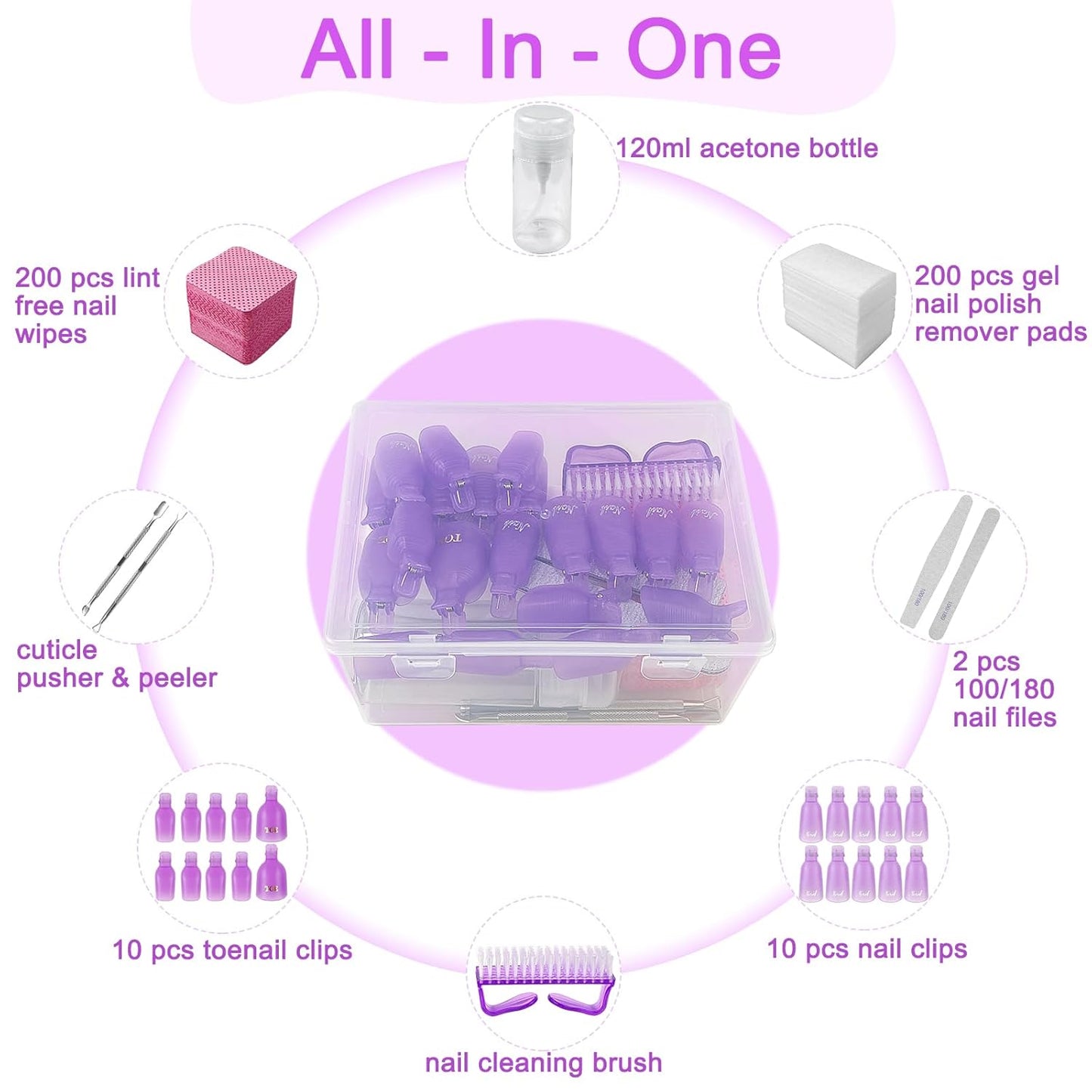 Gel Nail Polish Remover Tools Kit, 20 Toenail & Finger Nail Clips 120 Ml Push Down Pump Dispenser Bottle 200 Nail Remover Pads 200 Lint Free Nail Wipes Cuticle Pusher & Peeler Nail Brush 2 Nail Files