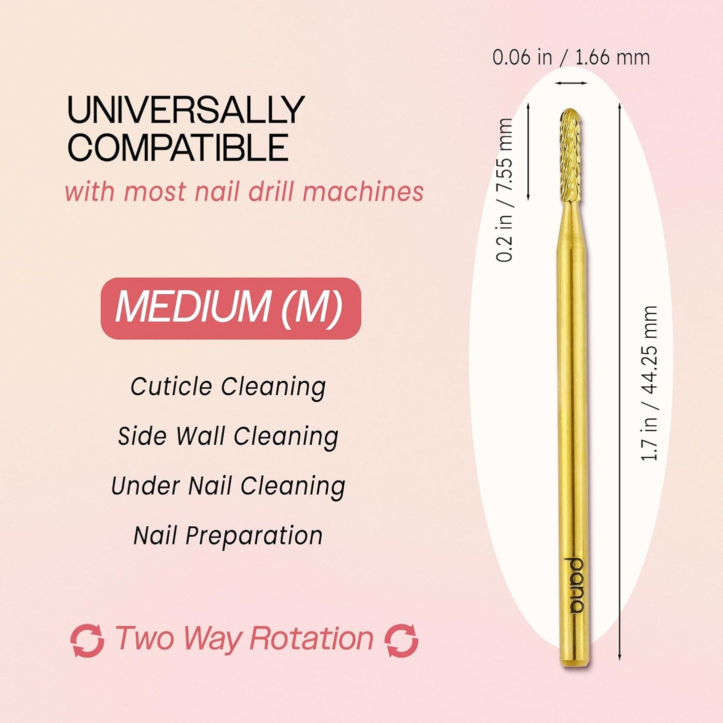PANA 3/32" Carbide Cuticle Nail Drill Bit for Cuticle Cleaning, Dead Skin Removal, Gel Polish & Acrylic Removal, Under Nail Cleaner, Nail Salon, Manicure Tools (Round Bit - Gold, Medium)