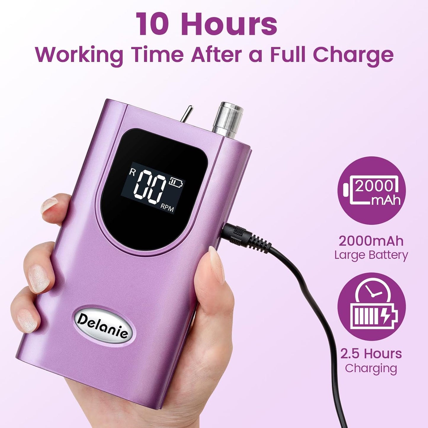 Delanie Professional Portable Electric Nail Drill Machine, 35000 RPM Rechargeable Cordless Nail Filer Electric Nail File for Dip Powder Acrylic Gel Nail, Salon Nail Tool, Violet