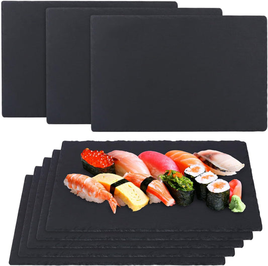 8 Pack 12 x 8 Inch Slate Cheese Boards, Black Rectangle Slate Charcuterie Boards, Natural Charcuterie Stone Plates for Parties, Gifts, and Special Events, Cheese, Sushi, Food.