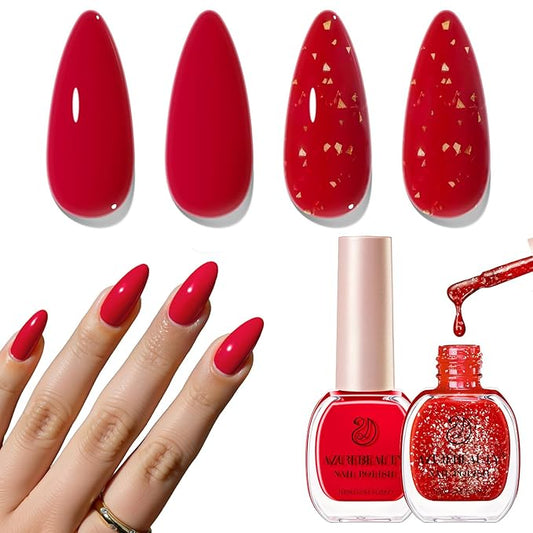 AZUREBEAUTY Red Nail Polish No Gel Quick Dry Gold Foil Glitter 2 Colors Nail Lacquer Natural Fingernail Kit DIY Salon Home Women Gifts 0.34oz
