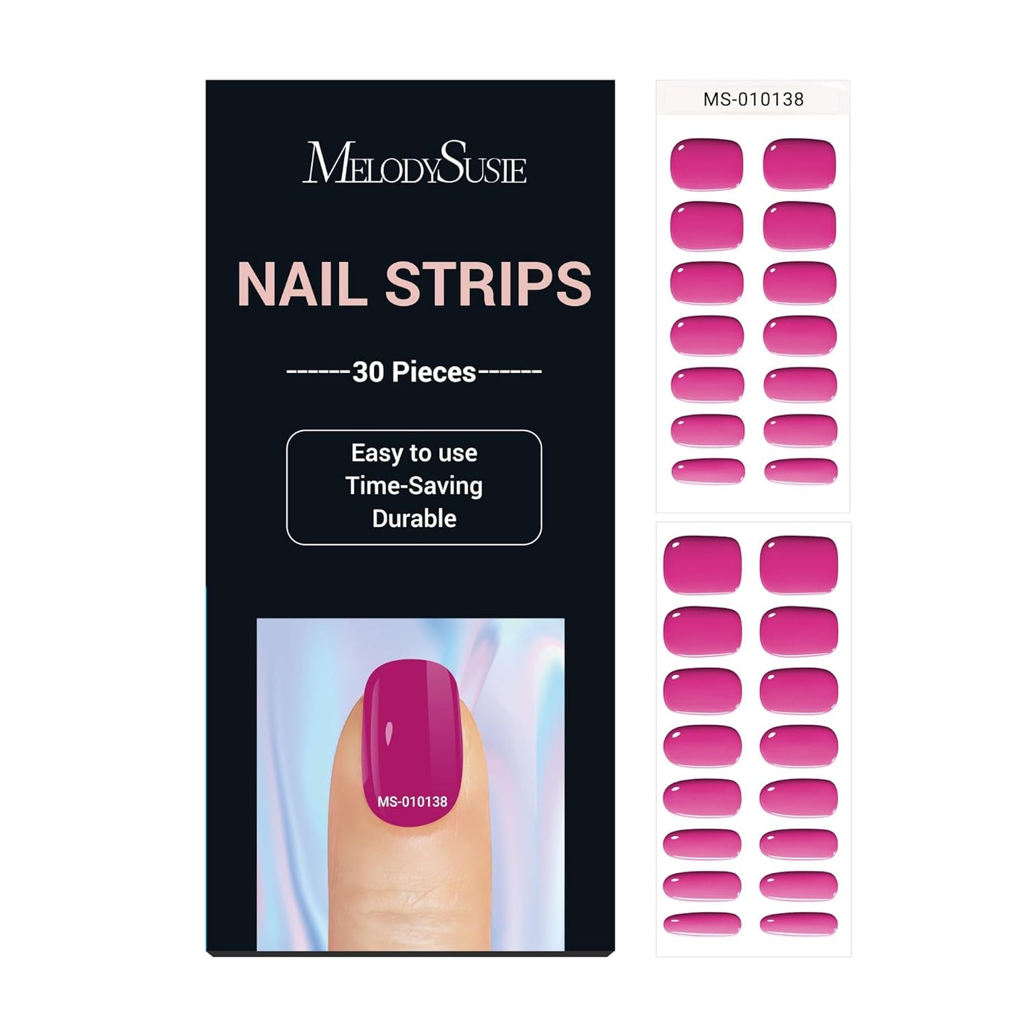 MelodySusie 30PCS Semi Cured Gel Nail Strips, Hot Pink, Works with Any Nail Lamps, Salon Quality, Long Lasting, Easy to Apply, Includes 2 Prep Pads, Nail File and Wooden Stick