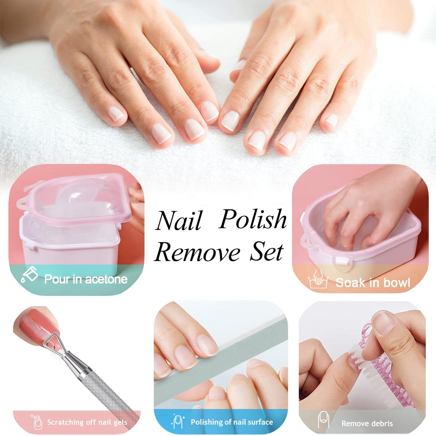 Nail Soaking Bowl, Gel Nail Polish Remover Kit, Manicure Bowl for Hand, Dip Powder Remover Tools, Nail Soak Off Bowl for Acrylic Nails, Nail Brush, Cuticle Pusher, Cuticle Peeler, 100/180 Nail File,