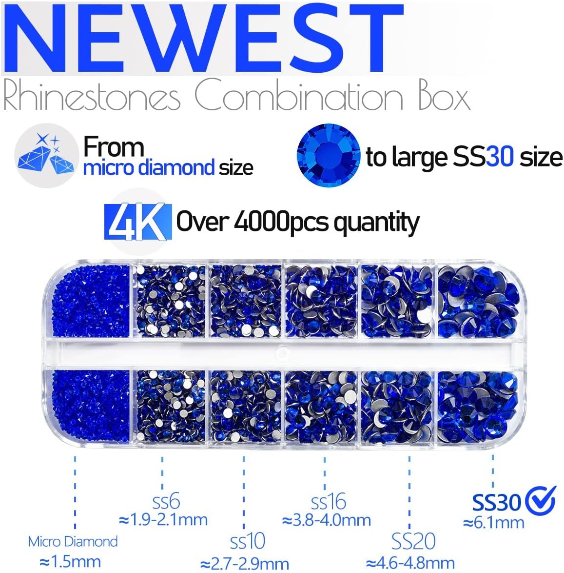 4010pcs Blue Rhinestones Sapphire Blue Nail Rhinestones Flatback Stones K9 Glass Royal Blue Nail Gems Crystals Nail Charms Nail Art Kit 6 Sizes(1.6-6.1mm) to SS30 for Nails Face Eyes Makeup Crafts