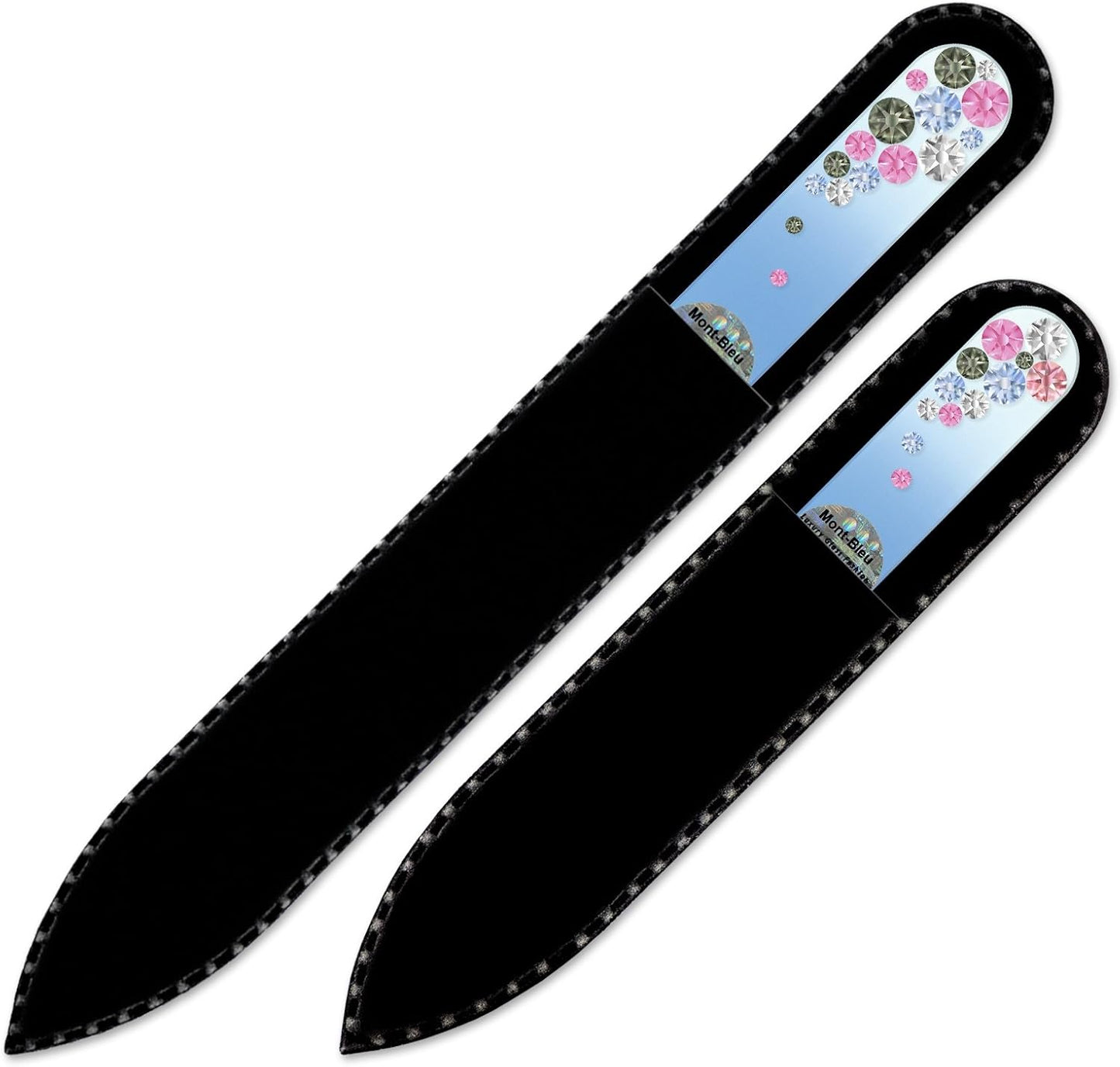 Washable Double Sided Nail File - Mont Bleu Set of 2 Glass Nail Files Hand Decorated with Crystals - Handmade Gifts for her - Best Nail Care - Etched Glass Nail File for Nail Art