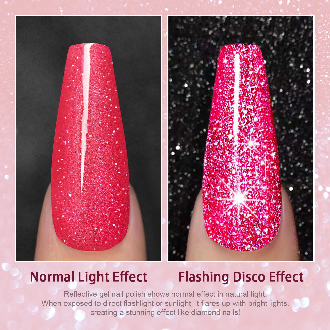 RARJSM Reflective Gel Nail Polish Hot Pink Glitter Gel Polish Neon Flash Diamond Sparkle Gelpolish Soak off UV Curing Requires 15ml Single Bottle for Salon Home Diy Nail Manicure