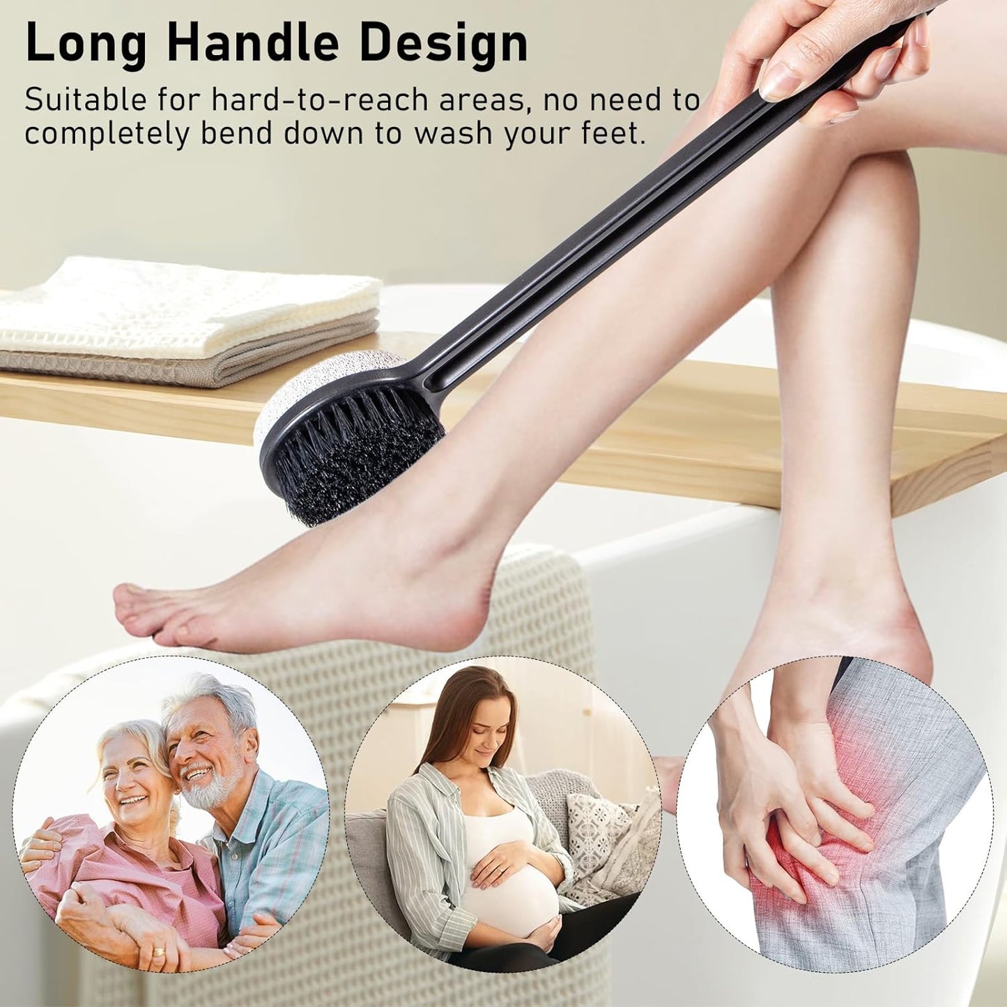 Pumice Stone for Feet and Shower Brush with Long Handle 14", Hard Skin Callus Remover, 2 in 1 Foot Scrubber Brush, Back Scrubber Body Brush for Shower Deep Cleansing and Exfoliating (Straight)