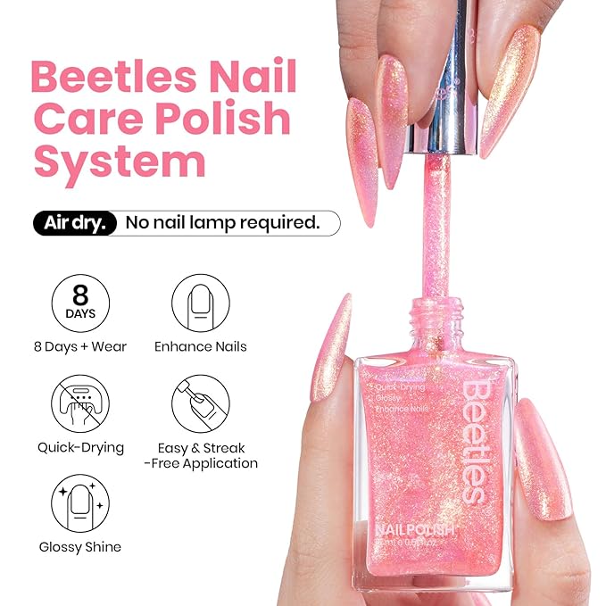 Beetles Pink Nail Polish - 15ML Quick Dry Nail Polish Glitter Gold Pink Nail Lacquer Shimmer Fingernail Polish Art Effect for Nail Salon-Quality