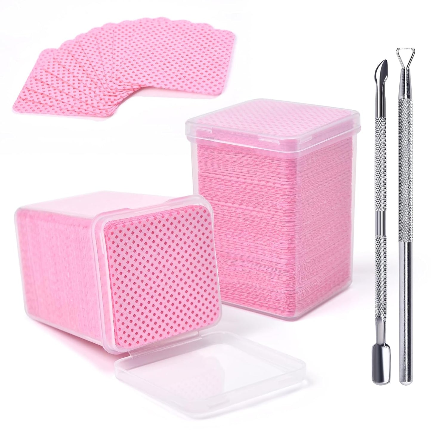 Lint Free Nail Wipes 350Pcs Nail Polish Removal Wipes with 2Pcs Cuticle Pushers Disposable Non-Woven Nail Cotton Pads Super Absorbent Eyelash Extension Glue Cleaning Wipes Salon Home Use