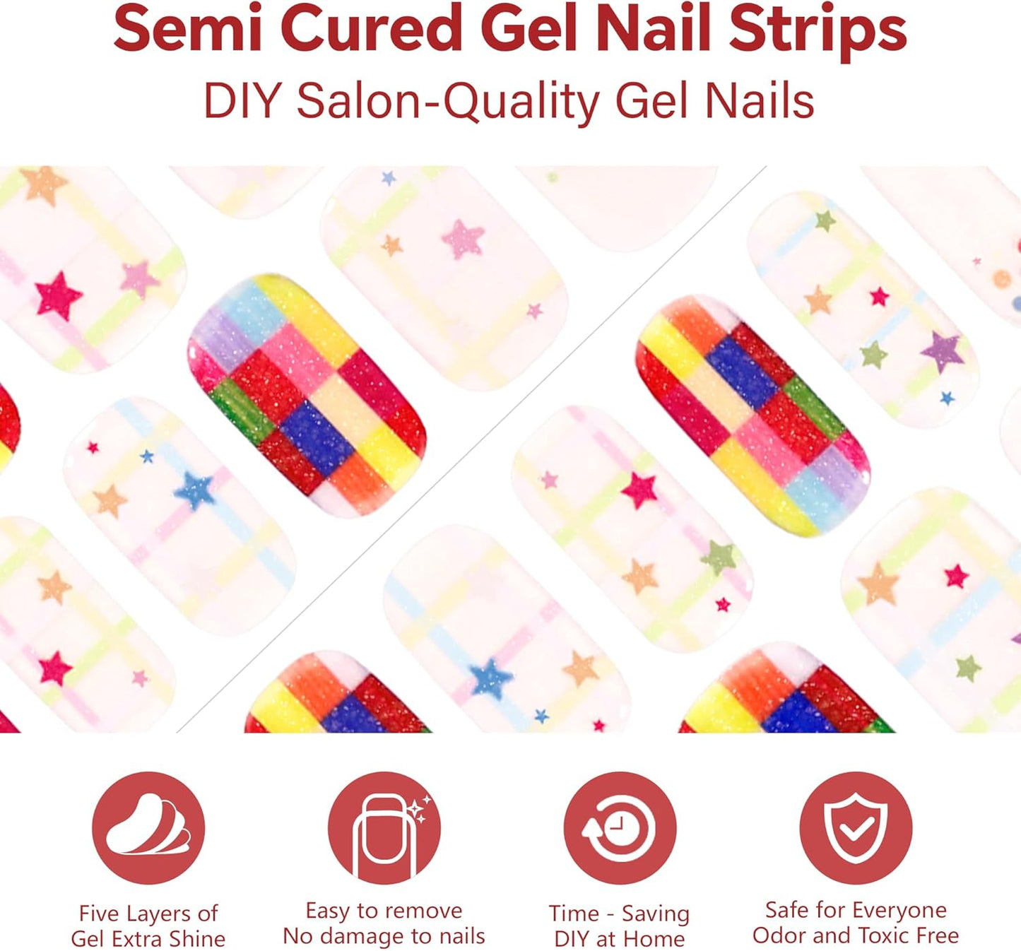 Semi Cured Gel Nail Strips-Salon Quality Semi-Cured Gel Press On Nails Stickers Strengthening Quick DIY Nail Art Manicure Kits for Women at Home(Rainbow Bomb)