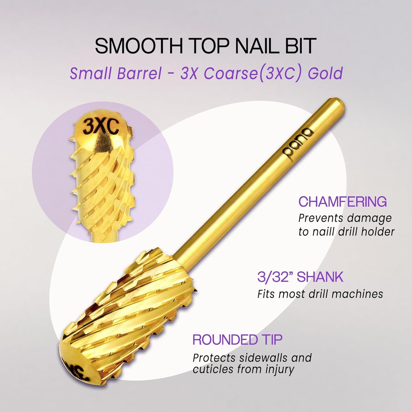 PANA 3/32" Small Smooth Round Top Safety Carbide Nail Drill Bit for Gel Polish & Acrylic Removal Nail Salon Manicure Pedicure Electric File Tools (Small Barrel - Gold, 3X Coarse)