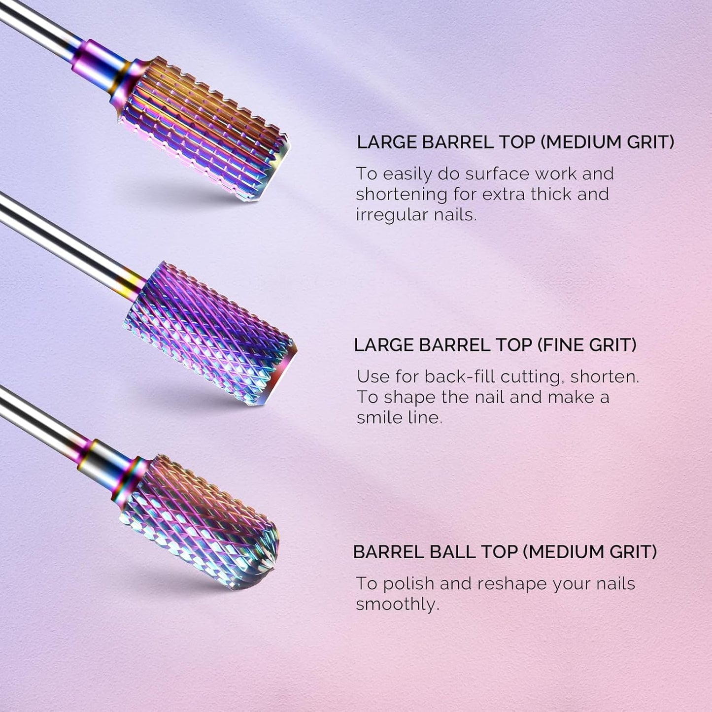 MelodySusie Nail Drill Bits Set, 7pcs Tungsten Carbide Diamond Nail Drill Bits for Acrylic Nails Poly Gel Cuticle Remove, 3/32'' Professional Nail Bits for Nail Drill Efile (A-Colorful)