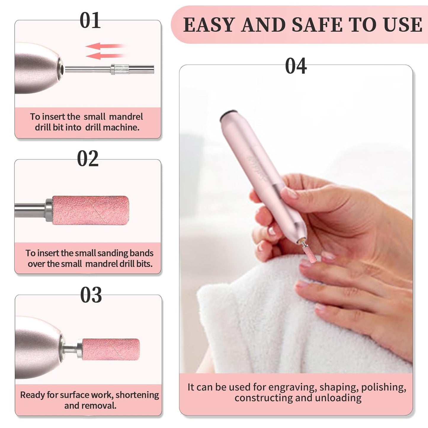 BLESWIN 200Pcs 3mm Small Sanding Bands with 2Pcs Small Mandrel Bit for Nail Drill, Upgrade Mini Nail Sanding Bands for Acrylic Nails Gel Removing Shaping, Manicure Nail Salon Use (240#Pink+180#White)