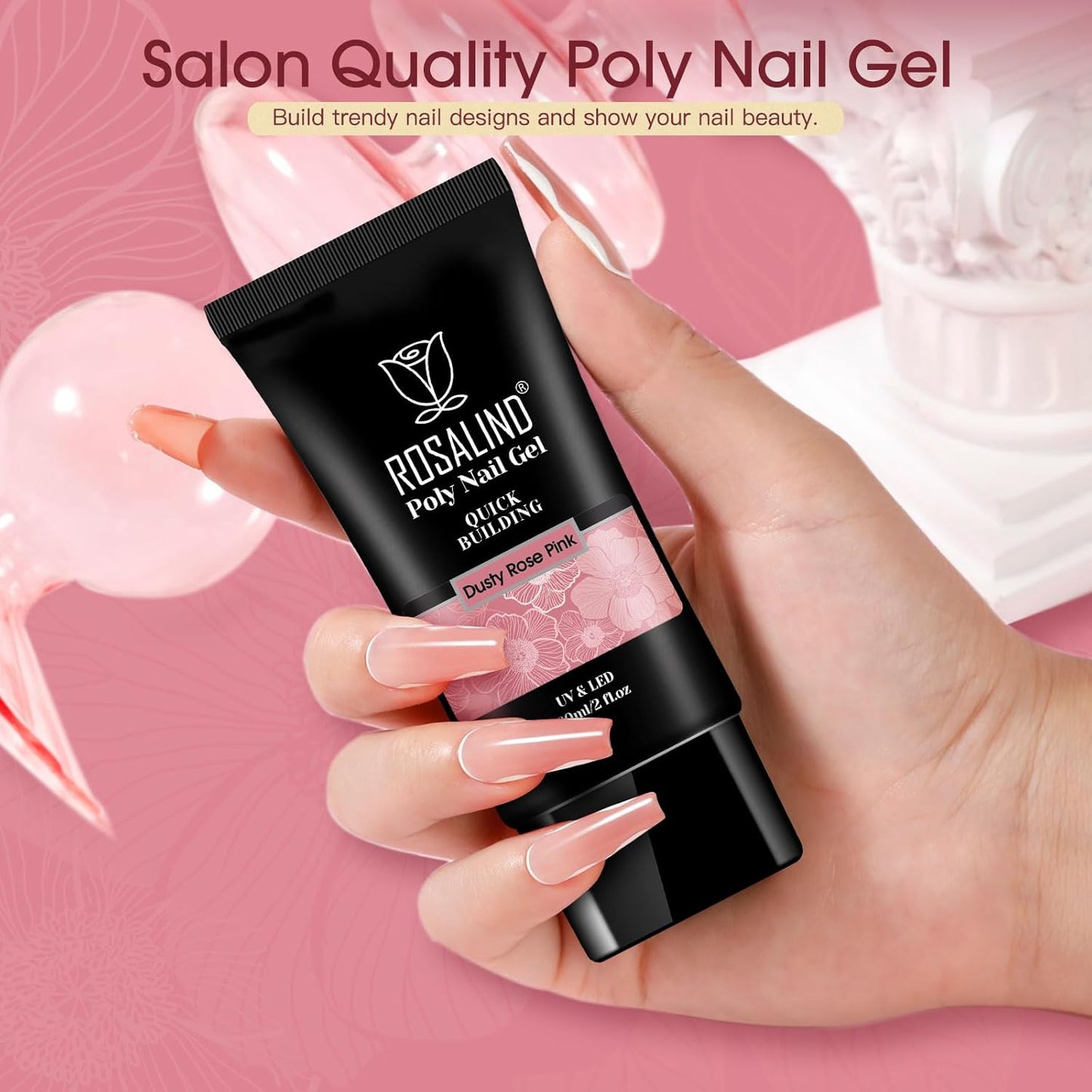 ROSALIND Nude Pink Poly Nail Gel, 2 oz Poly Extension Rose Pink Gel Poly Neutral Builder Nail Gel Quick Building, Gel Acrylic Poly in Tubes for Nail Extension Thickening Nail Trendy Beauty