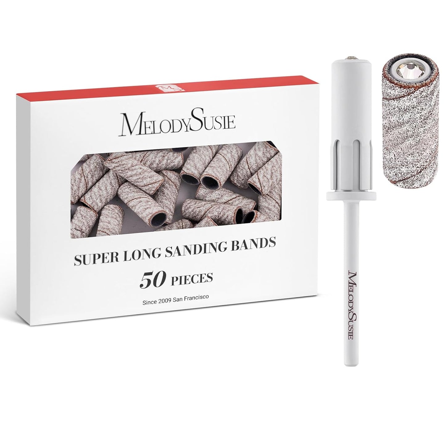 MelodySusie 50 Pcs Nail Drill Bits Super Long Sanding Bands with 6.65mm Crystal Mandrel Bit, 120 Medium Grit Nail File for Acrylic Nails Gel Manicures and Pedicure, Zebra