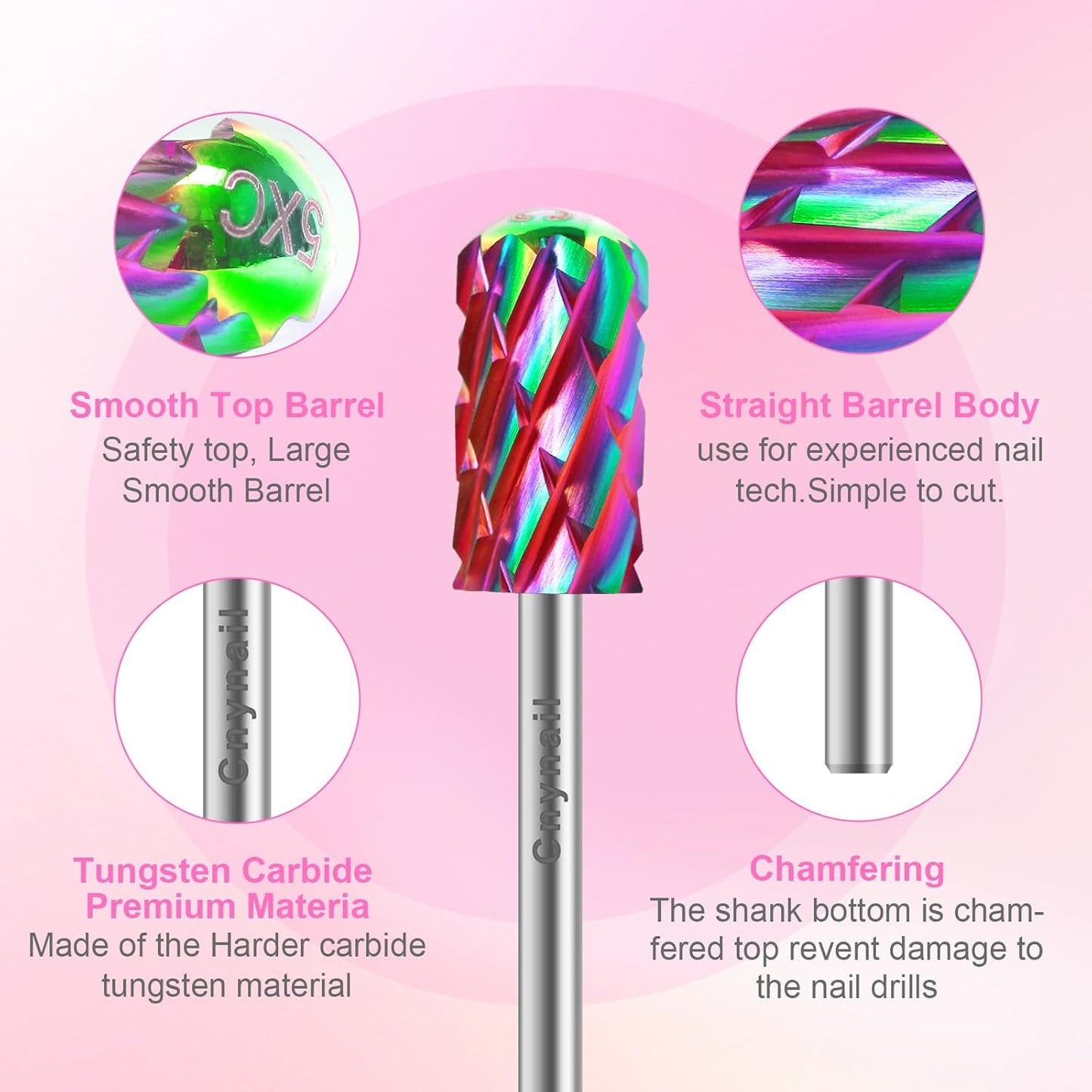 3/32" 2PCS Large Barrel Smooth Round Top Tungsten Carbide Nail Drill Bit Safety for Gel & Acrylic Removal, Right Way Rotating Efile Tip, Salon Electric File Accessory (5XC Grit, Multicolor)