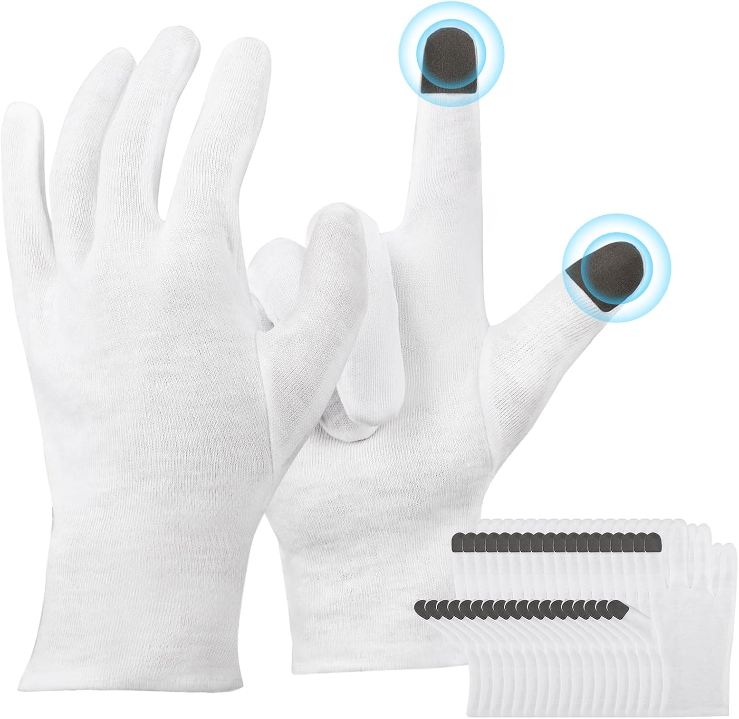Large Touch Screen Gloves - 10 Pairs White Cotton Gloves for Art Handling, Jewelry, Coin Handling, Photography, for Dry Hands Sleeping, with Pack of 40 Touch Screen Stickers