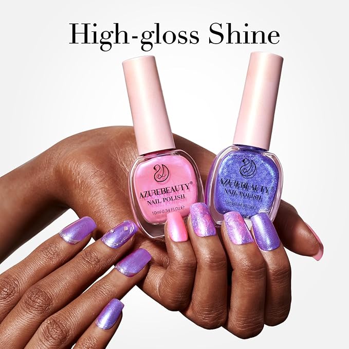 AZUREBEAUTY Nail Polish 2PC Colors Pink Purple holographic Glitter Shimmer ChromeLong Lasting Quick Dry, Natural Lustrous Enamel for DIY Manicure Salon at Home Women Gifts 0.34oz