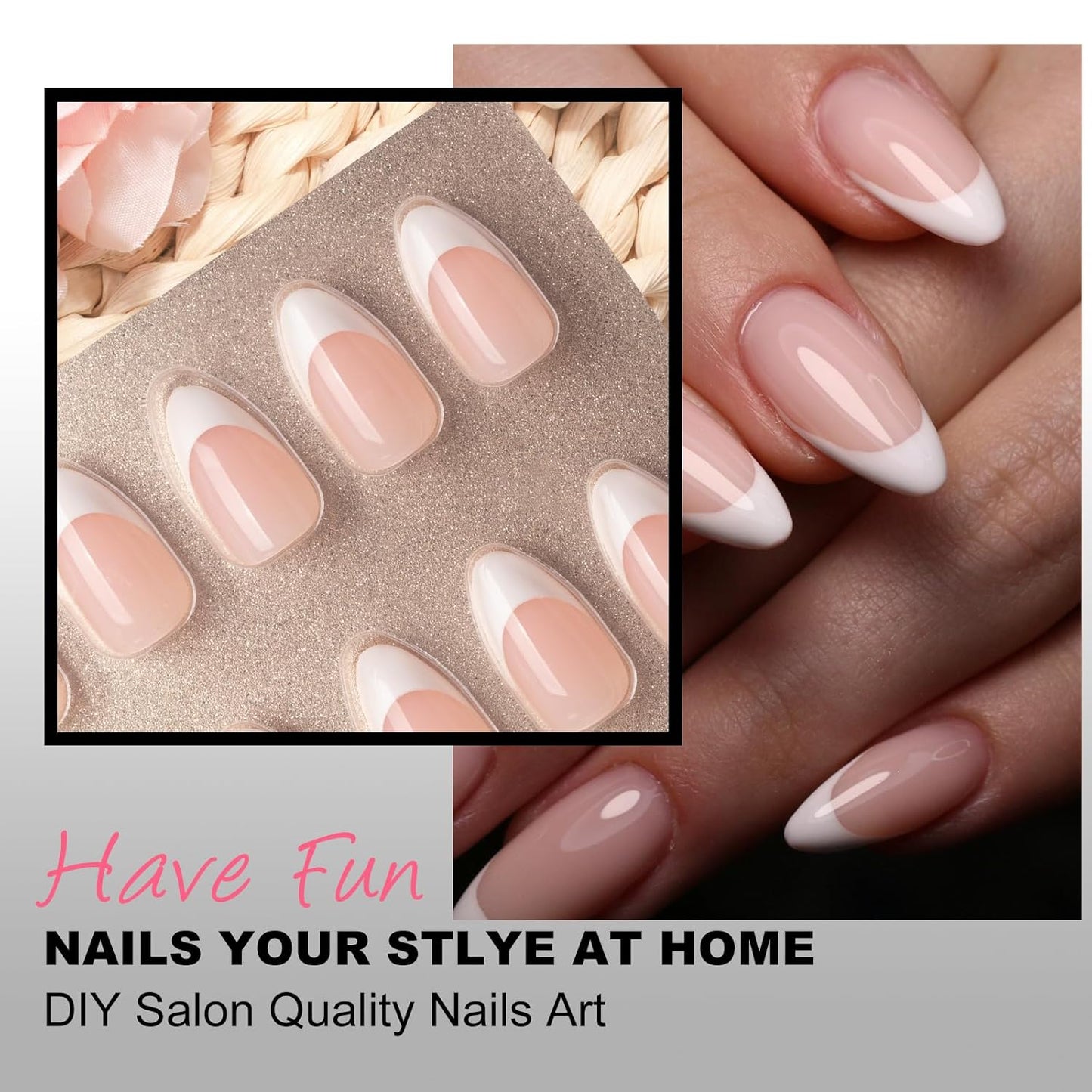 64PCS Press On Nails Black & White French Tip- Short Almond Shape with Classic Accents | Dual-Color Fake Nails for Women | Reusable, Chip-Free Nail Kit with Complete Tools