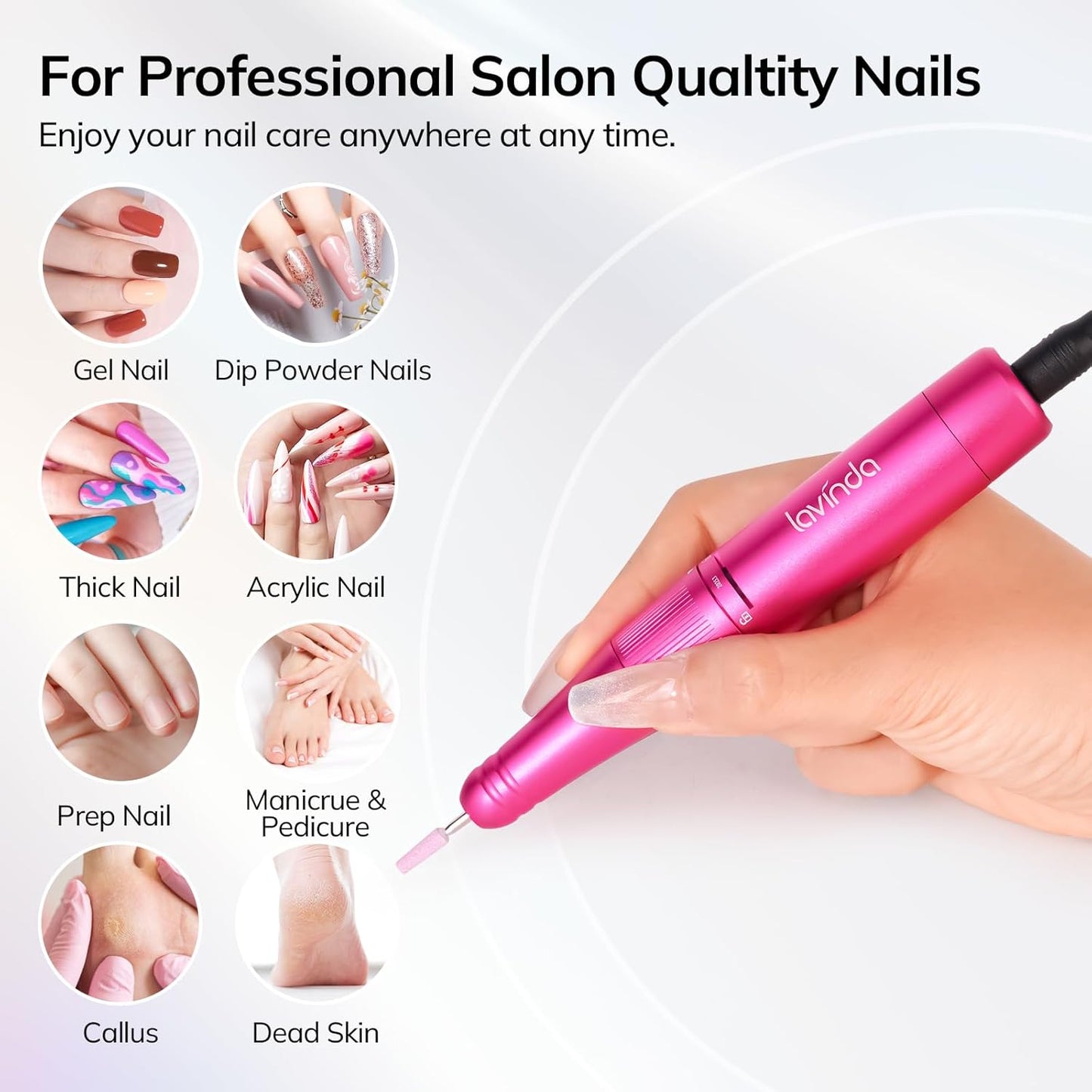 Lavinda Professional Nail Drill 35000 RPM, Cordless Rechargeable Electric Nail File for Acrylic Gel Nails, Efile Nail Drill Machine for Home and Salon Use (Viva Magenta)