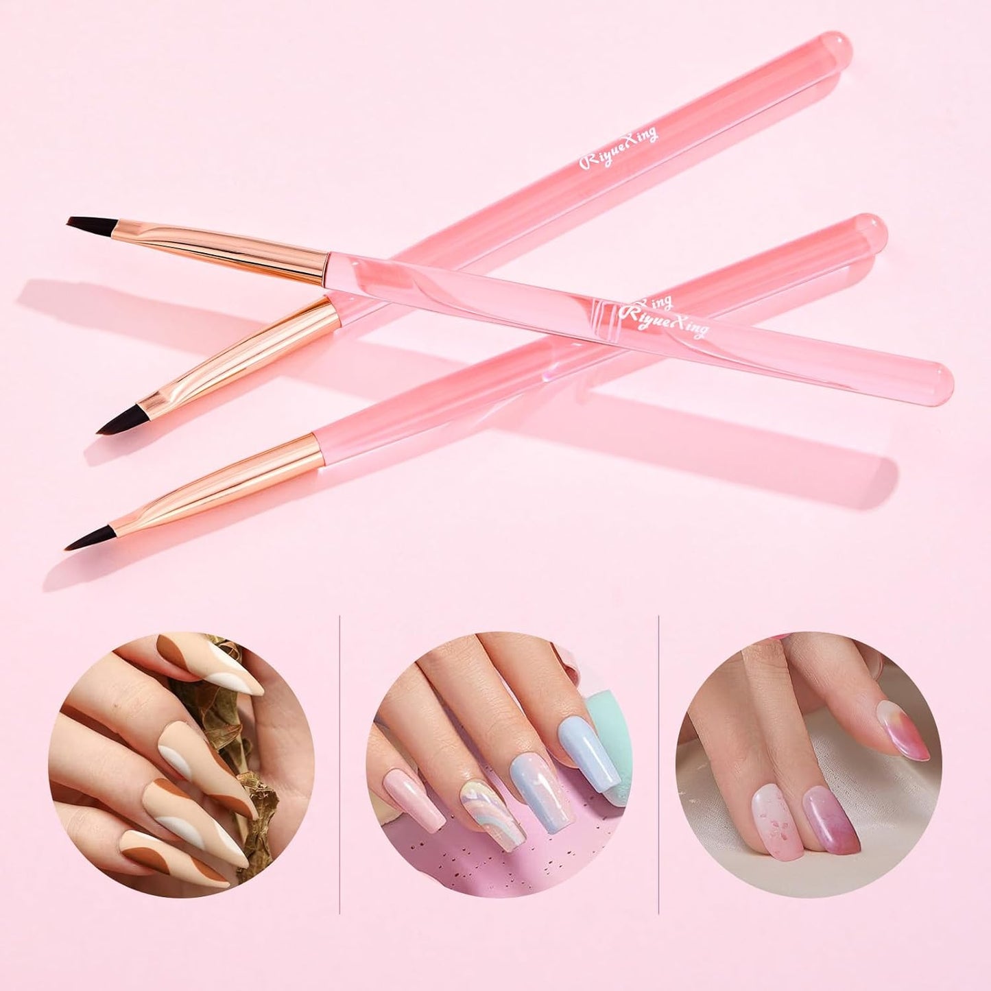 Nail Art Clean Up Brushes - 3Pcs Nail Art Brush Set with Flat/Oval/Fine Angled Gel Brush, Nail Extension Tool for Professional DIY Home Salon(Clear Pink)