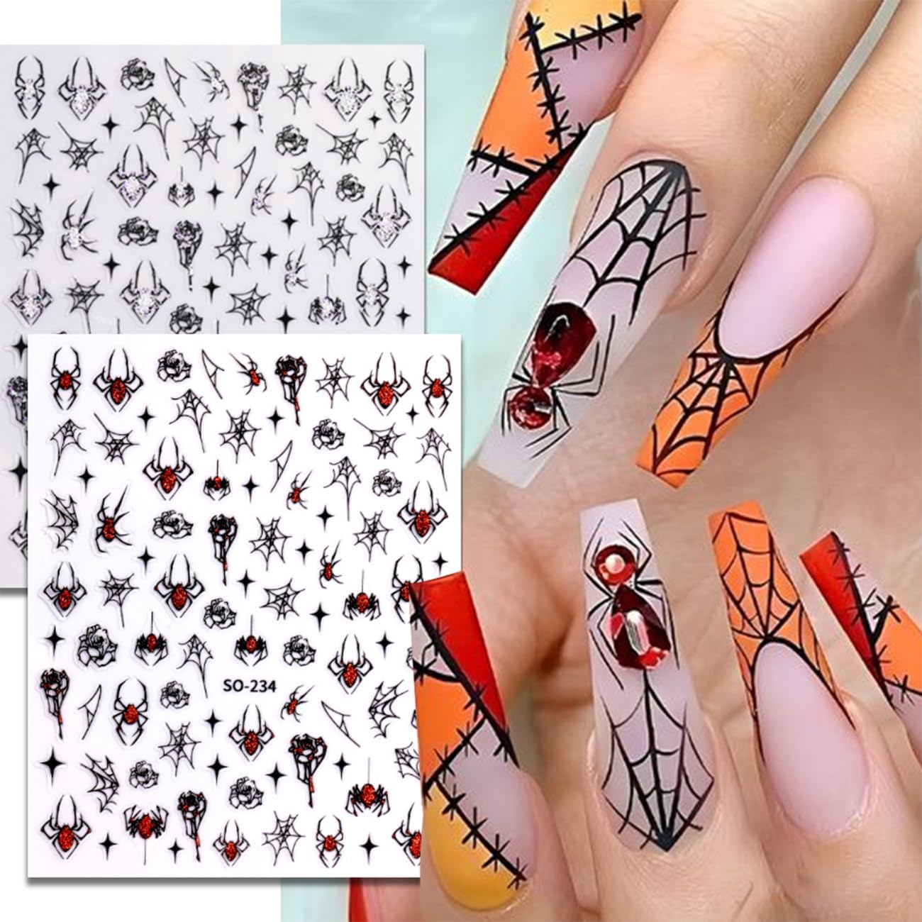 7 Sheets Halloween Nail Stickers 3D for Nail Art Glitter Heart Spider Web Flame Stars Punk Gothic Slider Manicure DIY Nail Art Decoration Accessories for Halloween Party