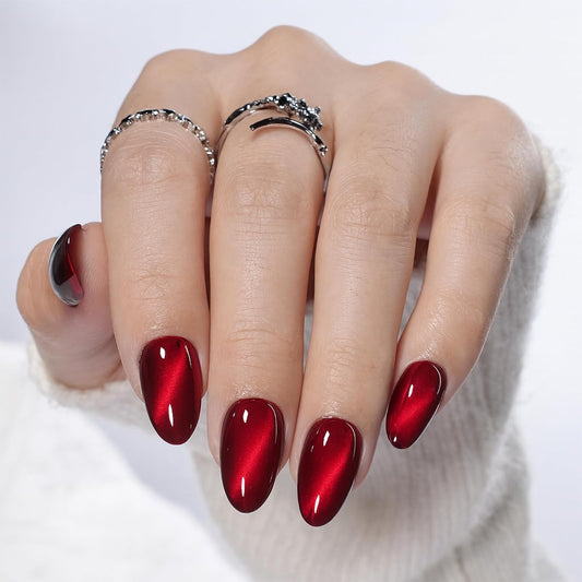 Red Press on Nails, Short Press on Nails Almond Reusable Glossy Cat Eye Nails Soft Gel False Nails Press ons for Women, 16 Sizes 32 Count Nails Kit with Glue (SV-08)