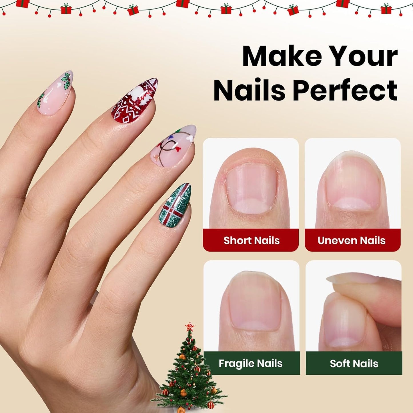 Beetles Gel Nail Tips Etch-X, Almond Short, 288pcs 12 Sizes, Pre-Etched Half Matte Full Cover Soft Acrylic False Nail Tips Almond Shape Easy DIY Nail Extension Salon Christmas Limited Gift for Women