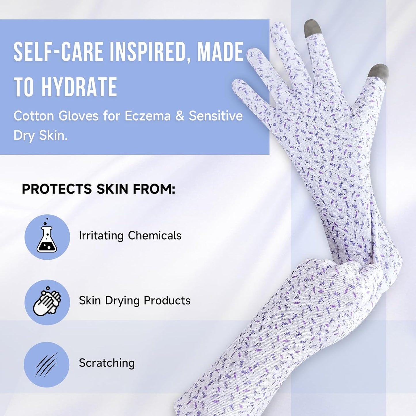 HandLove Premium 100% Cotton Gloves | Moisturizing Gloves for Dry Hands & Eczema | Overnight Sleeping Gloves, Eczema Gloves | Touchscreen | Extended Wrist White Gloves with Lavender Speckles, 2 Pairs
