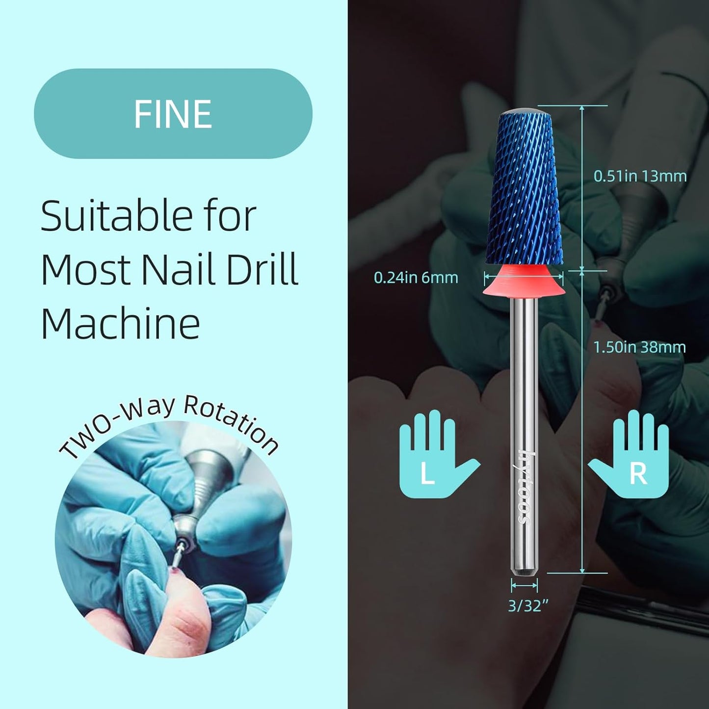 Fine Safety Tapered Nail Drill Bits, Blue Nano Smooth Top Barrel Nail Bit, 3/32 Two-way Carbide Drill Bits for Nails, Electric Drills Files Accessories Removal Manicure Soft Gel