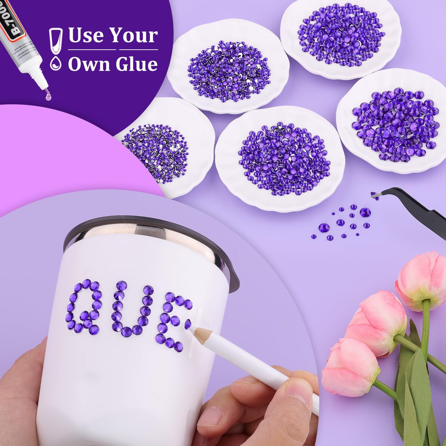 Resin Rhinestones for Crafting, 2 Boxes Purple Flatback Crystals for Bedazzling Crafts DIY Nail Art Deco, Non Hotfix Bulk Gems for Tumbler Shoes Clothing Fabric Face Makeup