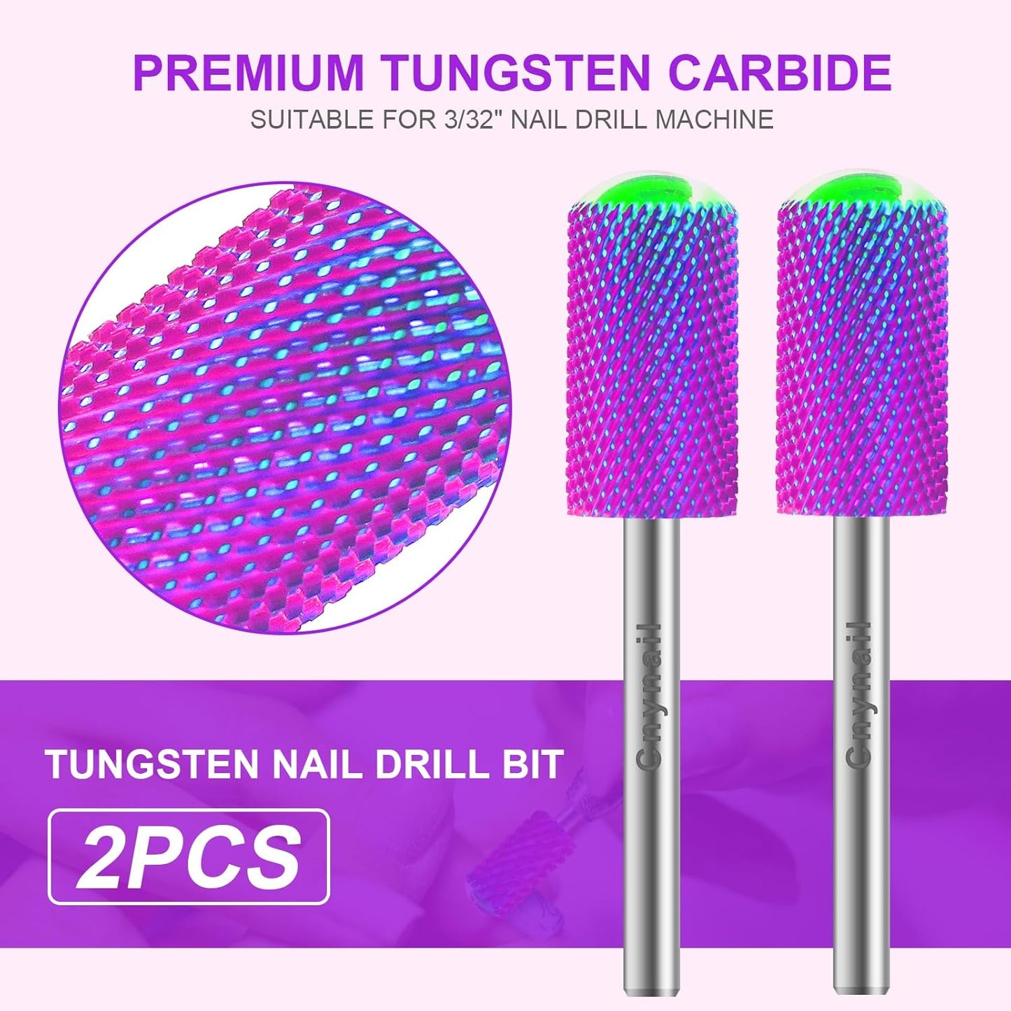 3/32" 2PCS Large Barrel Smooth Round Top Tungsten Carbide Nail Drill Bit Safety Bit for Gel & Acrylic Removal, 2-Way Rotating Efile Tip, Salon Electric File Accessory (F Grit, Purple)