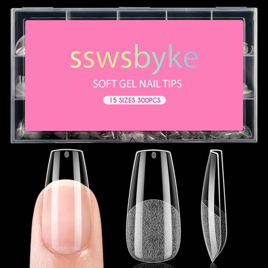 Medium Coffin Nail Tips, SSWSBYKE 300pcs Soft Gel Nail Tips for Full Cover Pre-Shaped Acrylic Fake Nails Tips 15 Sizes Half Matte Press On Nails for Extension Home DIY Salon