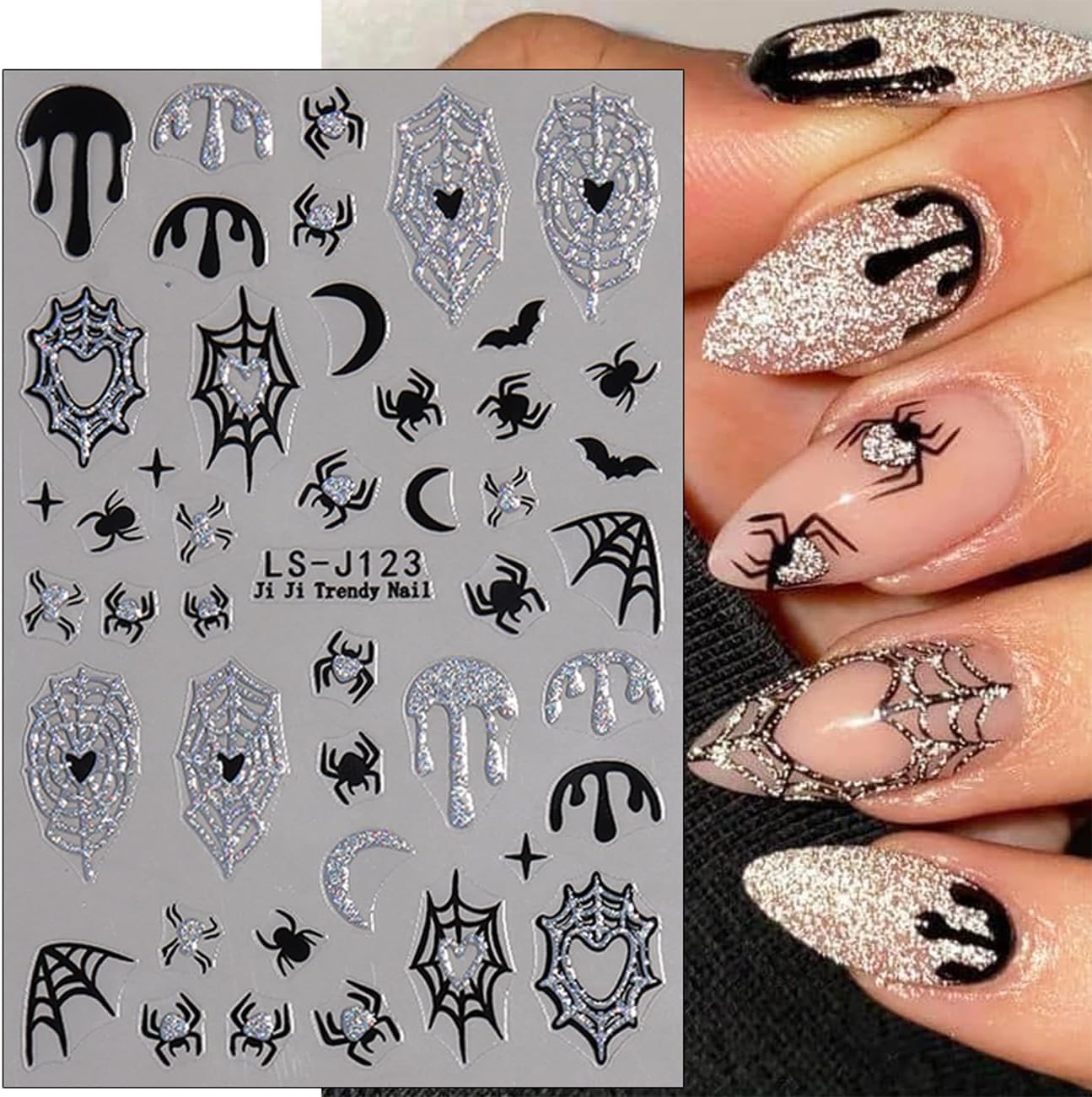 Silver Glitter Spider Nail Stickers,Halloween 3D Nail Decals Spiders Web Love Heart Glitter Flame Blood Drop Bat Star Moon Ghost Skull Design for Nail Art Halloween Supplies Manicure Decorations 6Pcs