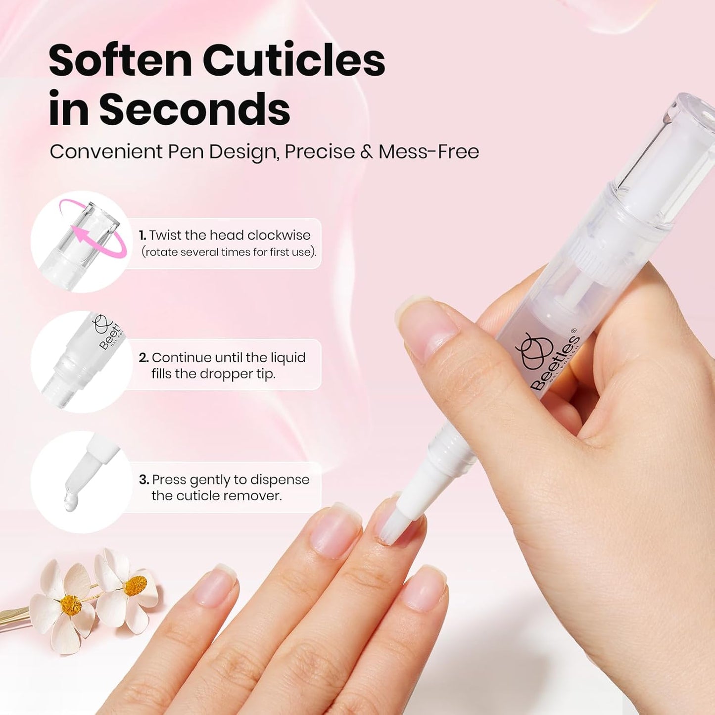 Beetles Manicure Kit for Women with Cuticle Remover, 3 PCS Pink Manicure Set Cuticle Trimmer Dual End Cuticles Pusher Clean Nails Tip Dirt Pusher with Storage Pouch Nail Prep Kit for Gel Nail Polish