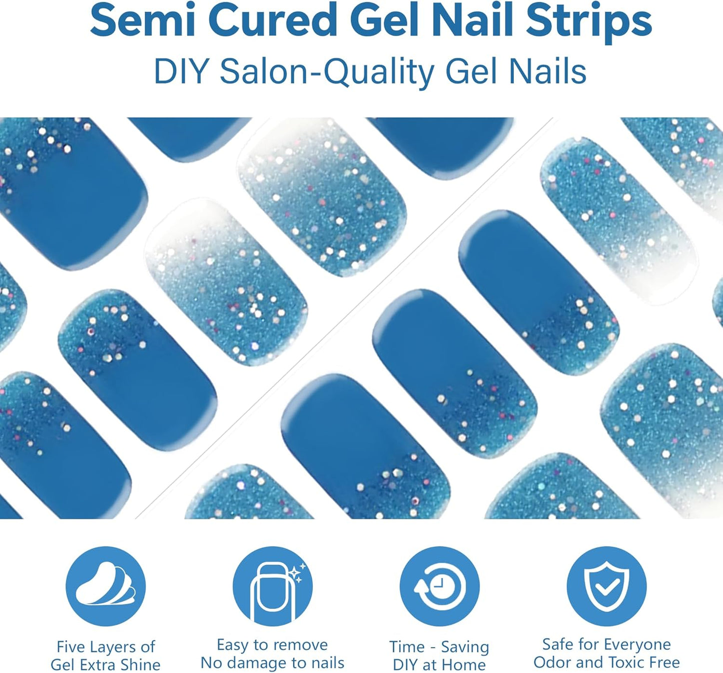 Semi Cured Gel Nail Strips-Mirror Shine Semi-Gel Stickers,Party & Festival Nail Wraps,Glow Under Sunlight,No Damage,Works with Any UV/LED Lamps(Waterbomb)