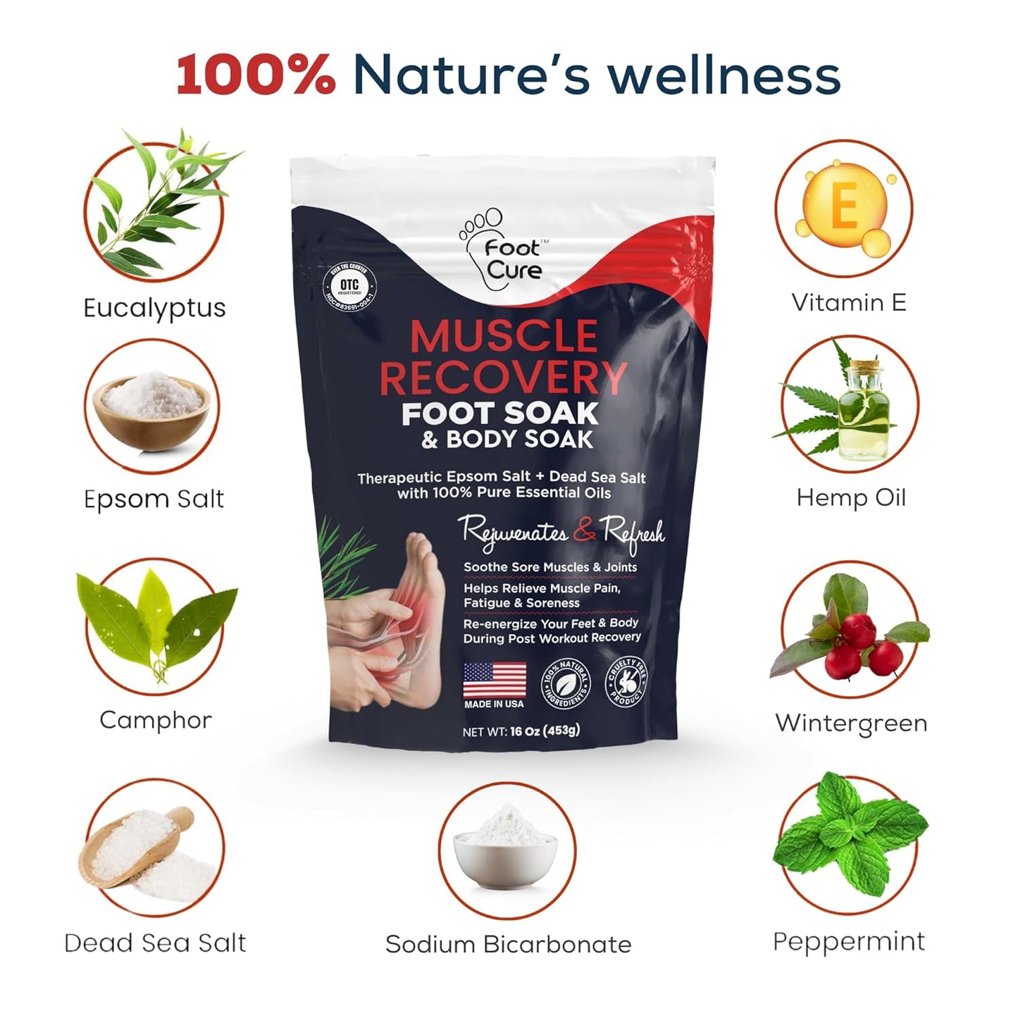 FOOT CURE Foot Soak with Epsom Salts – All-Natural Blend for Relaxing Foot Care – Softens Calluses & Refreshes Feet – Invigorating Scent, Spa Pedicure – 16 oz (Pack of 1)