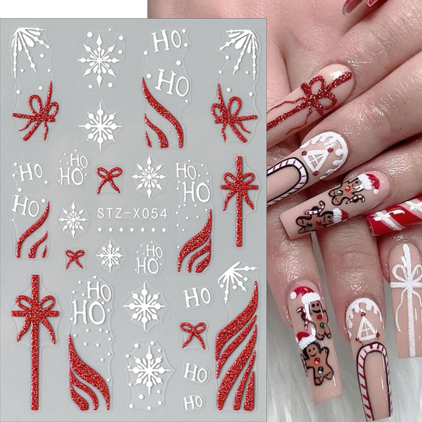 6 Sheets Christmas Hat French Nail Art Stickers 3D Christmas Snowflake Gift Bow Nail Decals Self-Adhesive Glitter Stripe Nail Stickers Winter Xmas Nail Design for Women Girls Manicure Decoration